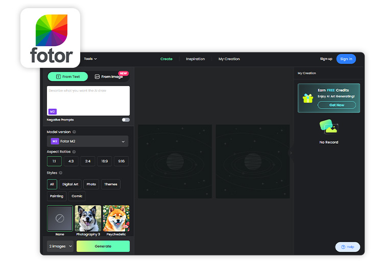 text to image UI of fotor to generate album cover